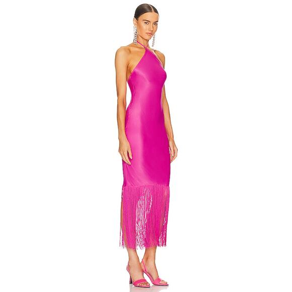 Camila Coelho Payton Party Fringe Halter Hot Pink Maxi Dress NWT Small - Picture 4 of 9